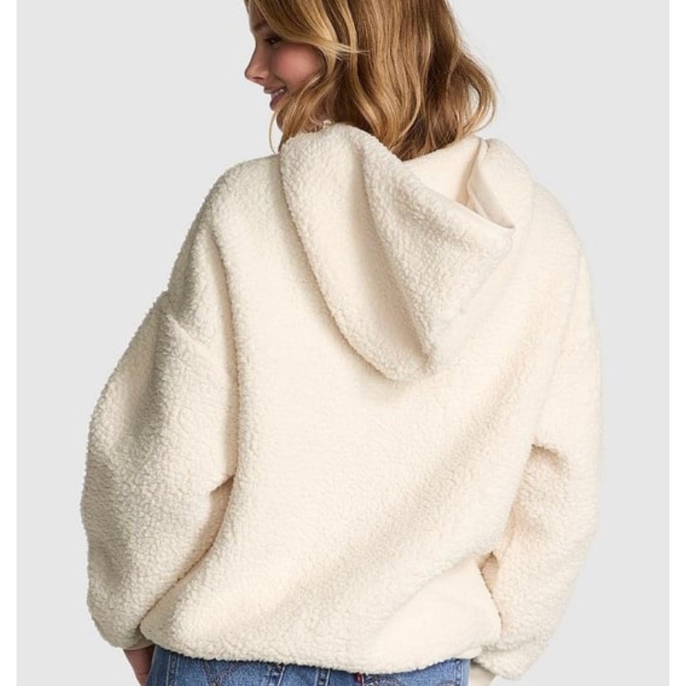 PINK Victoria's Secret Cream Sherpa V-Neck Hoodie Sweater - Picture 2 of 6